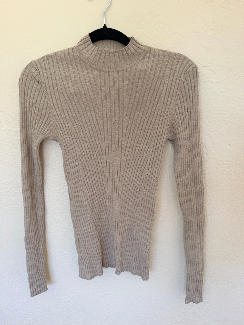 H&M Beige Ribbed Mock Neck Long Sleeve Top
